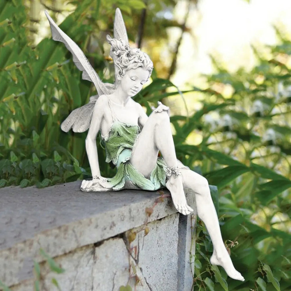 Resin Figurine - Outdoor Fairy Sculpture – Sitting Angel Ornament for Garden, Patio, or Lawn Decoration