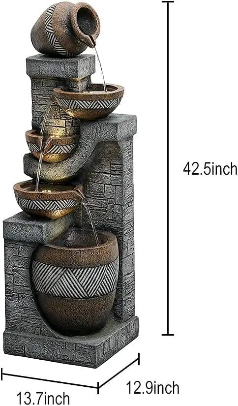 Water Fountain-LED Lights, 5 Tiers, Indoor/Outdoor, Garden, 42.5 in, Modern Floor-Standing, Cascading, Water Feature, Suitable for Deck