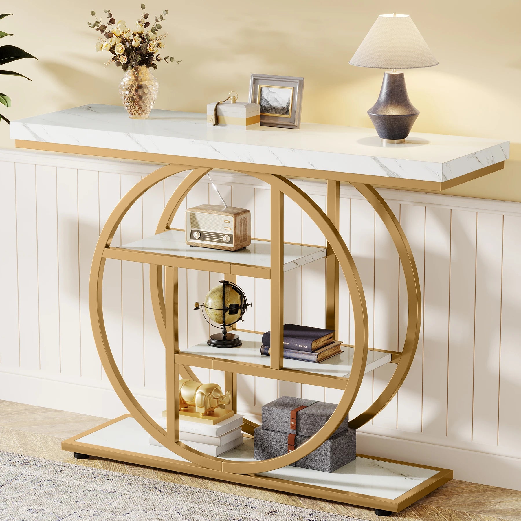 Accent Table-Modern Console Table, Gold, Sofa Table, Behind Couch, 4 Tier Storage, Entryway, Tribesigns