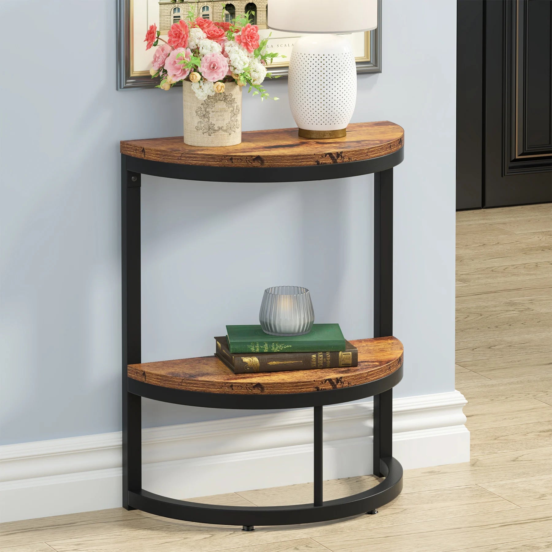 End Table-Semi Circle, Small Half Round, Side Table with Storage Shelf, Accent Table, Slim C Table for Sofa Couch, Tribesigns