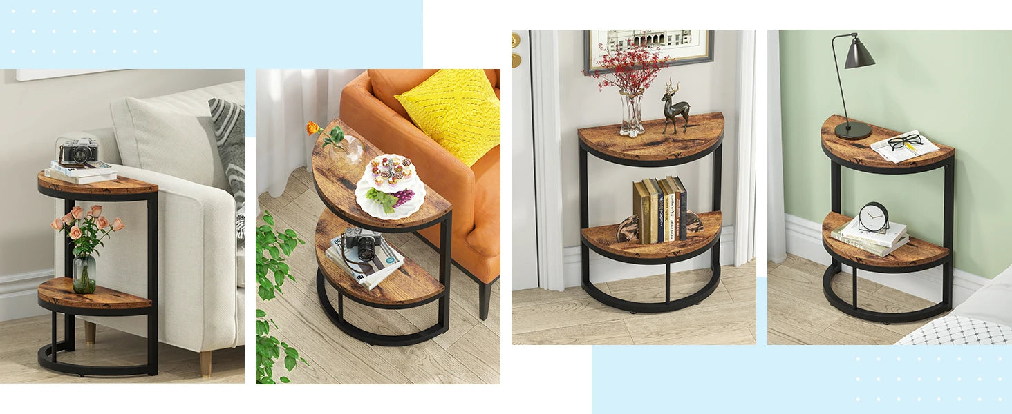 End Table-Semi Circle, Small Half Round, Side Table with Storage Shelf, Accent Table, Slim C Table for Sofa Couch, Tribesigns
