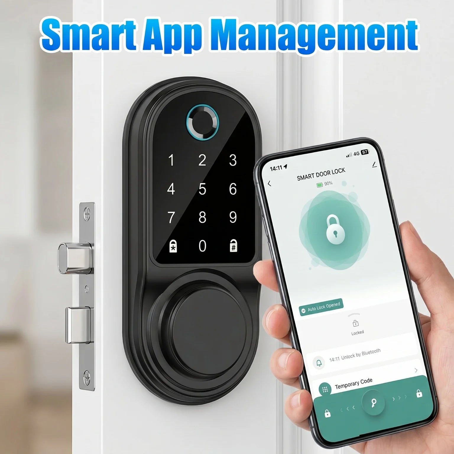 Electronic Lock-Bluetooth Smart Deadbolt Lock Keyless Entry Fingerprint Door Lock with Touch Keypad, IC Card, Physical Key, APP Remote, Temporary Code, Auto Lock, Door / Home Apartment Rental