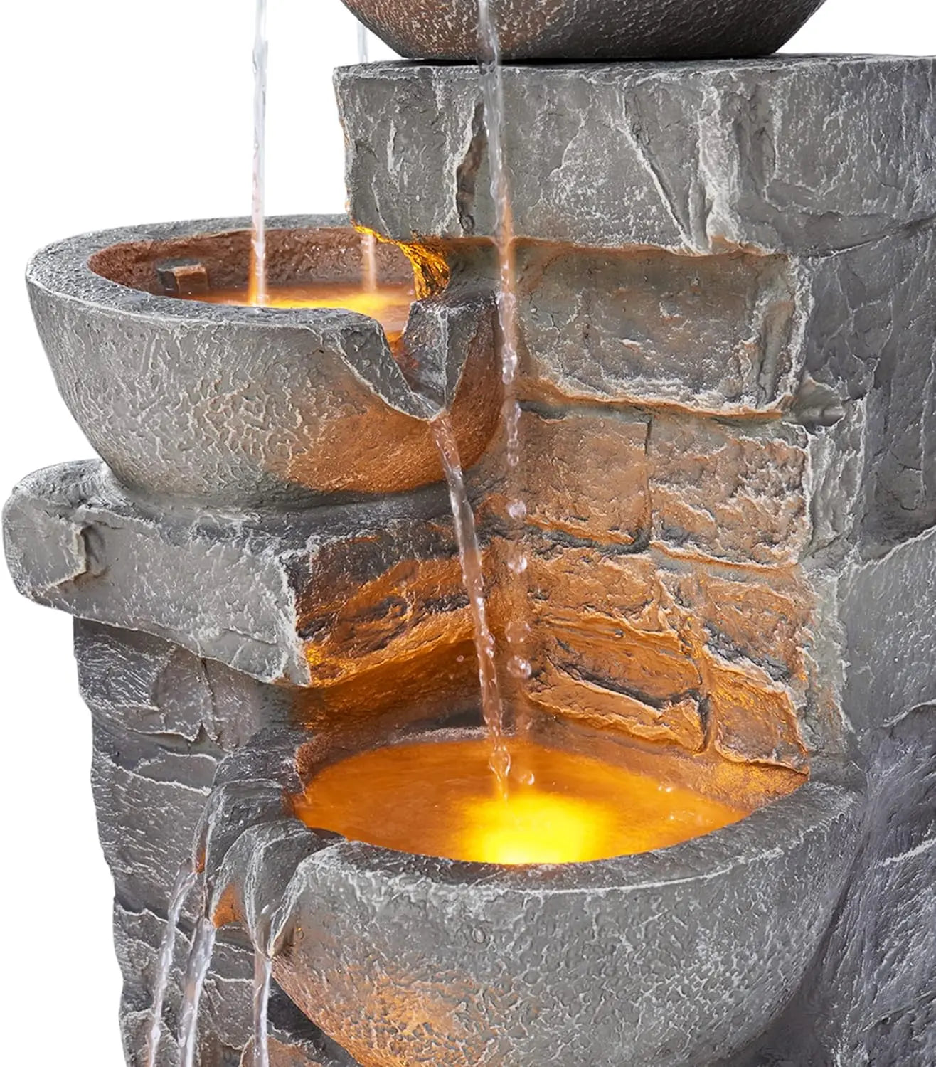 Water Fountain-LED Lights, 33.25 in. Cascading Bowls and Stacked Stones, Gardens, Landscaping, Patios, Balconies, Lawns