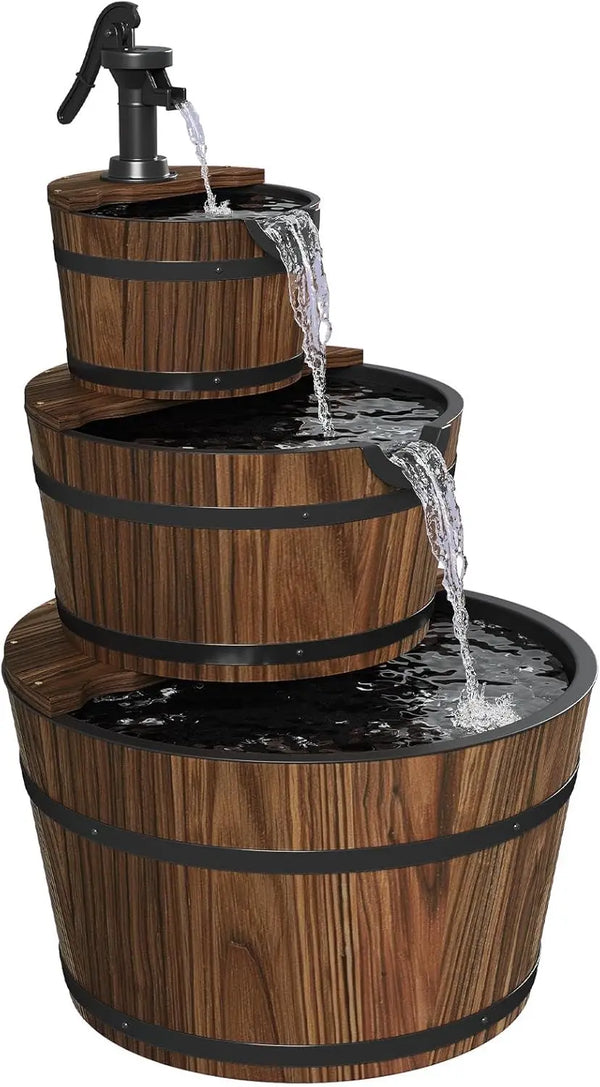 Water Fountain- 3-Tier Outdoor, Wood Barrel, Cascading, Electric Decorative Hand Pump, Rustic Waterfall Fountain