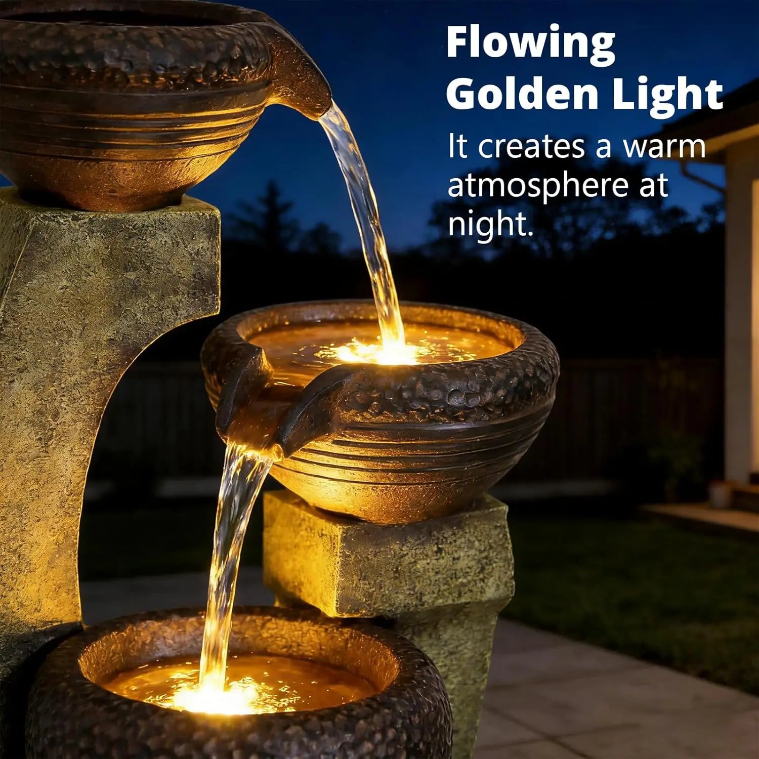 Water Fountain-LED Lights, 4-Tier Crocks, 40 in Tall, Outdoor Waterfall, Large Garden Fountain