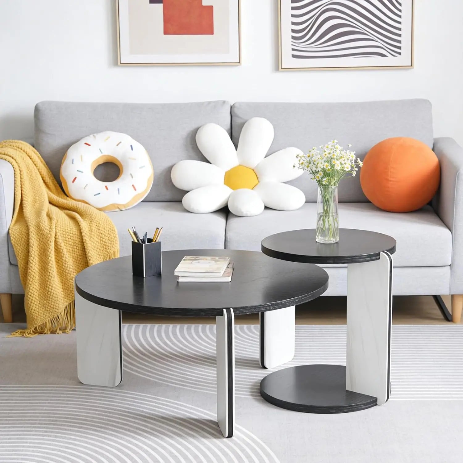 Coffee Table Set-Modern Nesting Oval Coffee Table Set, Faux Marble Top, Gold Metal Base, Living Room, 2pcs, Customized