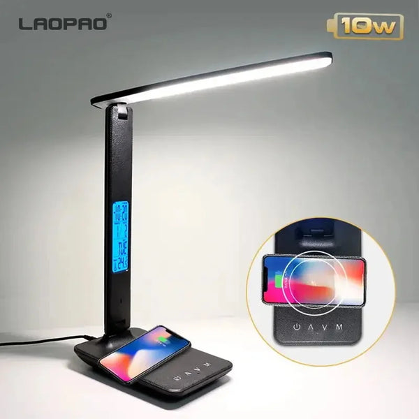 Wireless Charging LED Desk Lamp LAOPAO 10W QI, With Calendar, Temperature, Alarm Clock, Eye Protect, Study Business Light Table Lamp