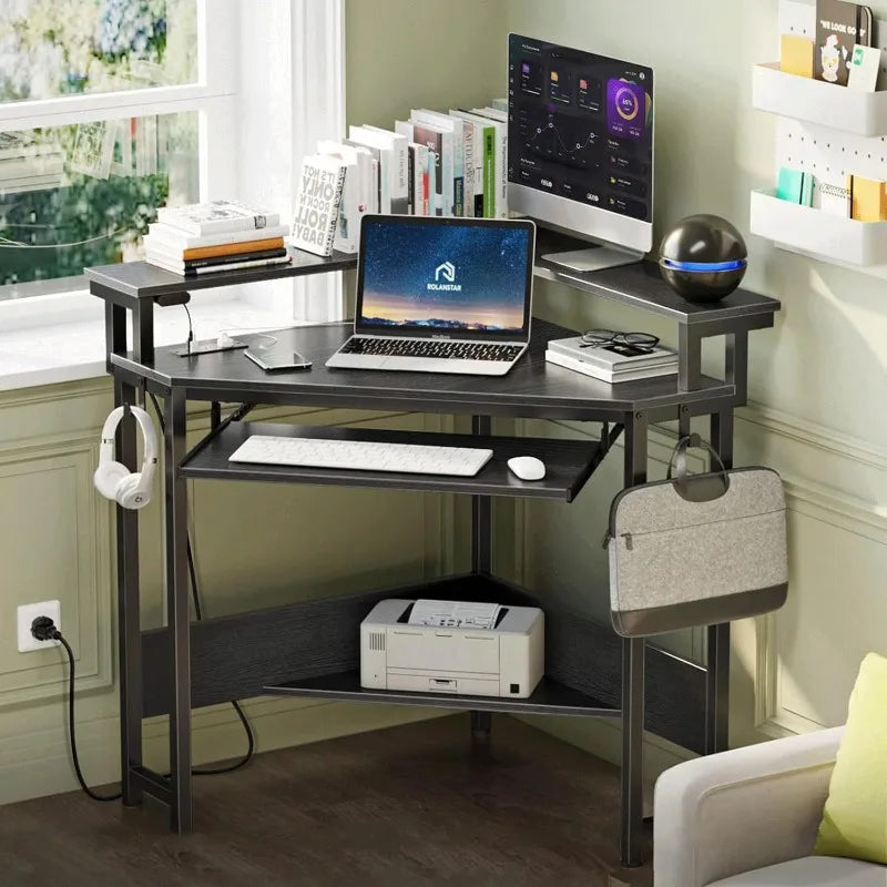Corner Desk-Gaming, 44.5" W x 34.5" H, Small Computer Desk with Power Outlets, Home Office Desk, with LED Lights, Triangle Corner Desk