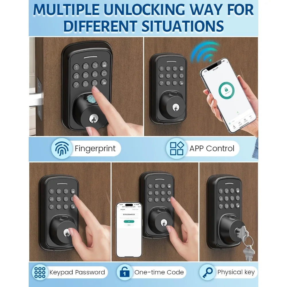 Keyless Entry Door Lock with Handle Set, Smart Door Lock with Fingerprint, 5 in 1 Unlock, Auto Lock Biometric Fingerprint Door L