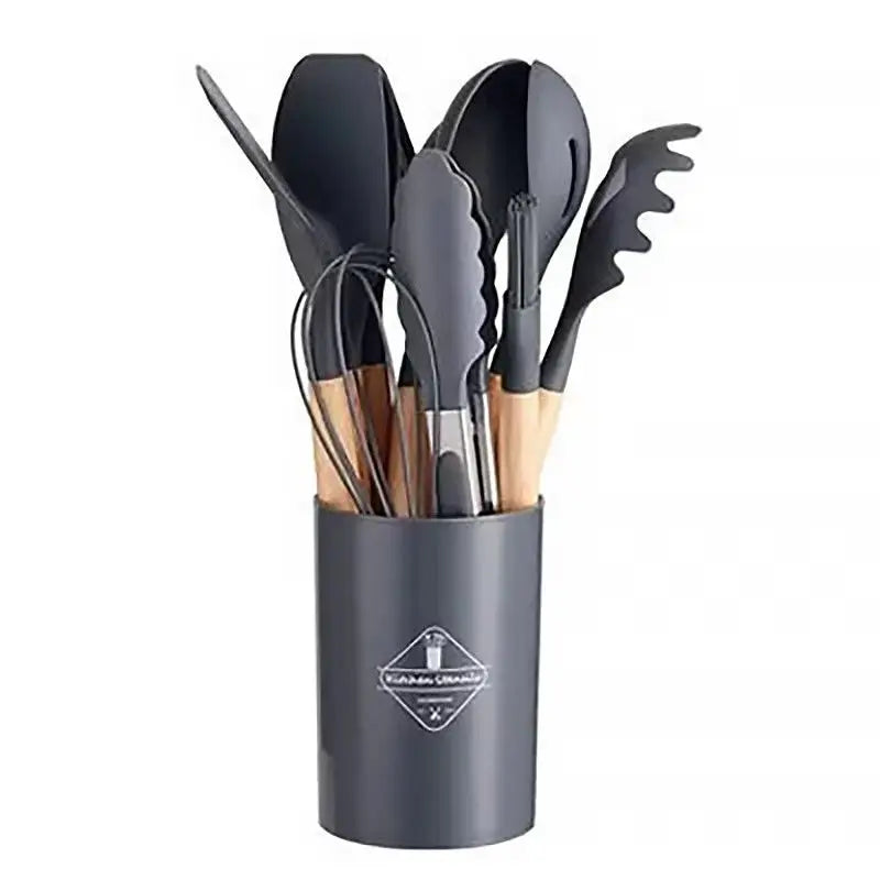 Home Kitchen: Utensil: Silicone with Wooden Handle - 12 Pcs Set - Non-stick Kitchenware