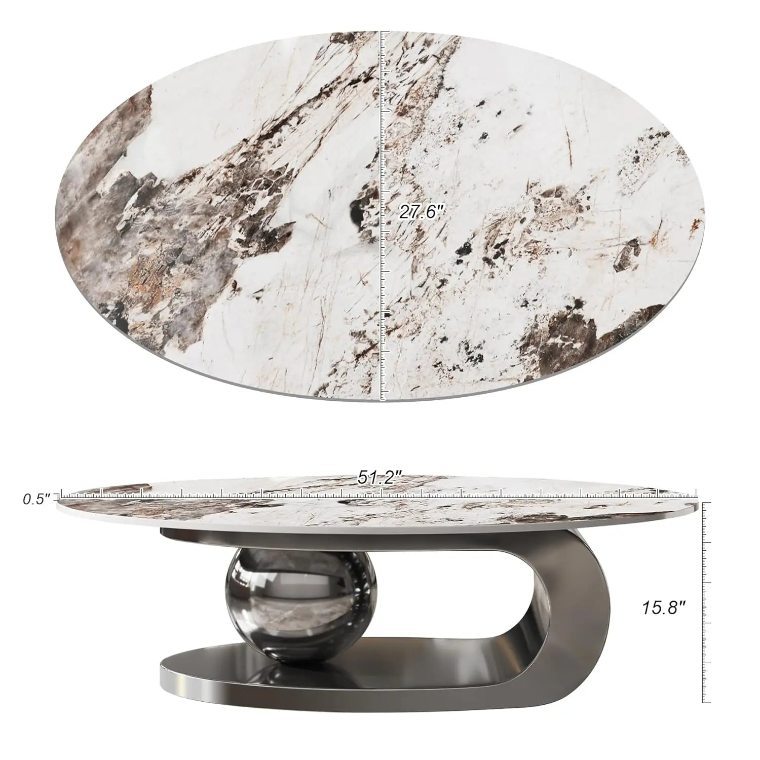 Coffee Table-Modern with Silver Stainless Steel Pedestal, Oval, Living Room Table, with Faux Marble Top, & Luxury, Customized