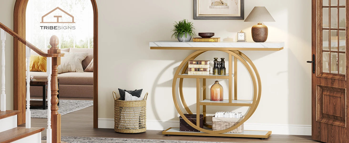 Accent Table-Modern Console Table, Gold, Sofa Table, Behind Couch, 4 Tier Storage, Entryway, Tribesigns