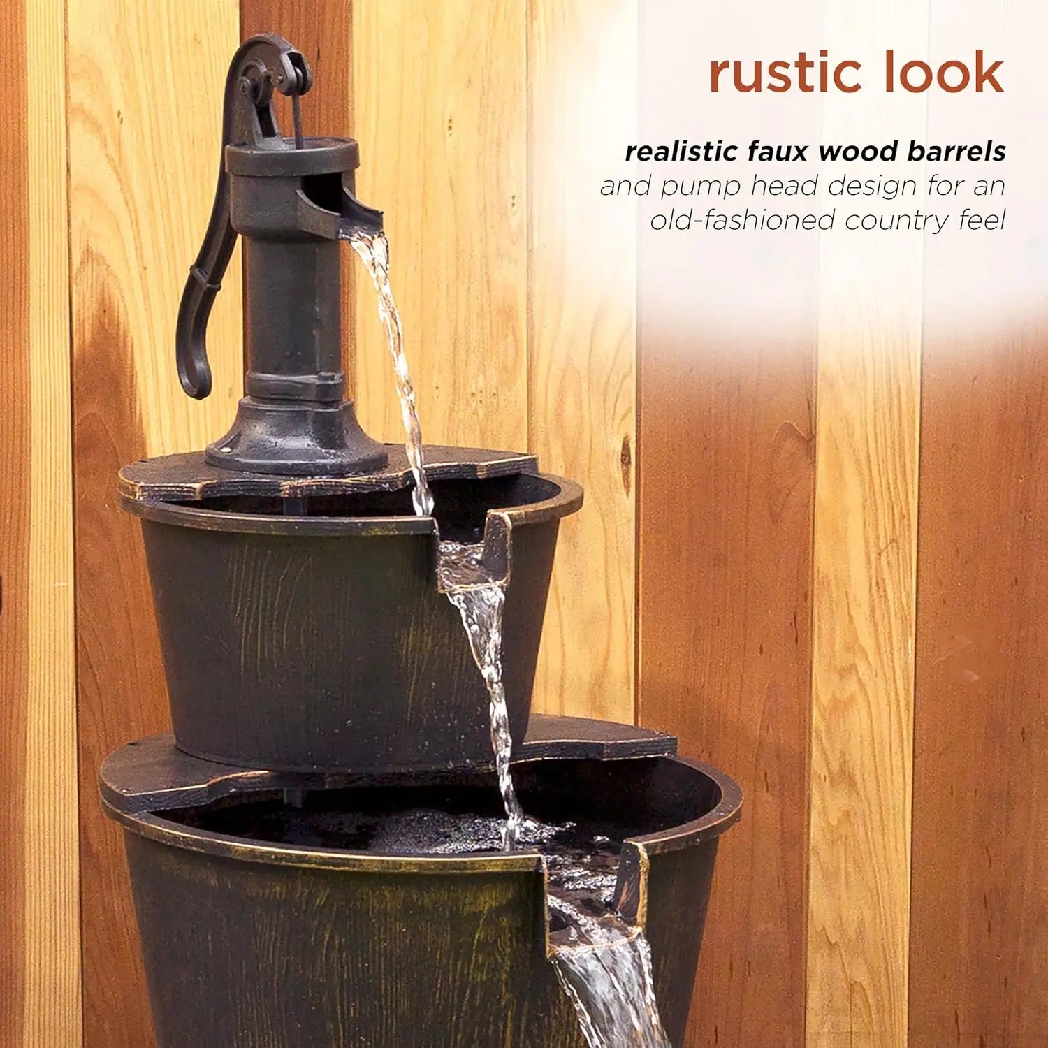 Water Fountain-40" Tall Outdoor Fountain, Floor Tiered Rustic Pump Fountain, and Barrel Water Fountain, Old-Fashioned Waterfall for Garden, Patio, Yard, Dark