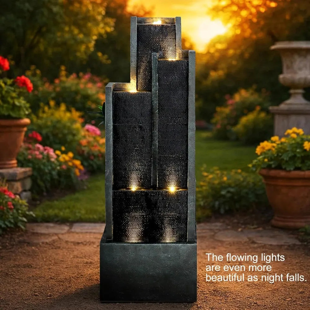 Water Fountain-Modern Outdoor Water Fountain with LED Lights Pump 50.7 Inch Tall Resin Cascading Waterfall for Garden Patio Backyard