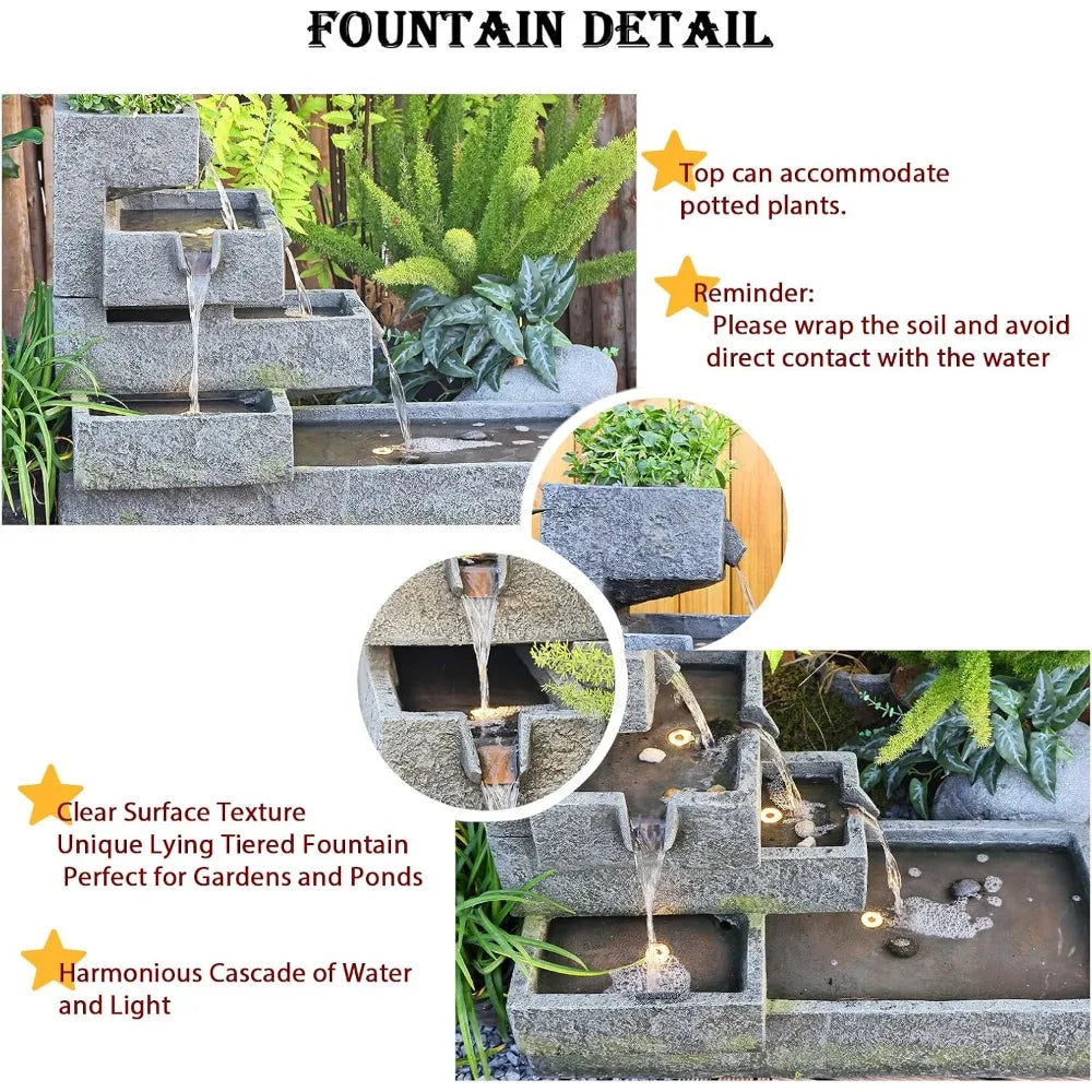 Water Fountain-LEDs Lights, Tiered Outdoor, Garden, Waterfall Indoor, Freestanding, Cascade, Fountain Concrete, Artistry, Modern Style