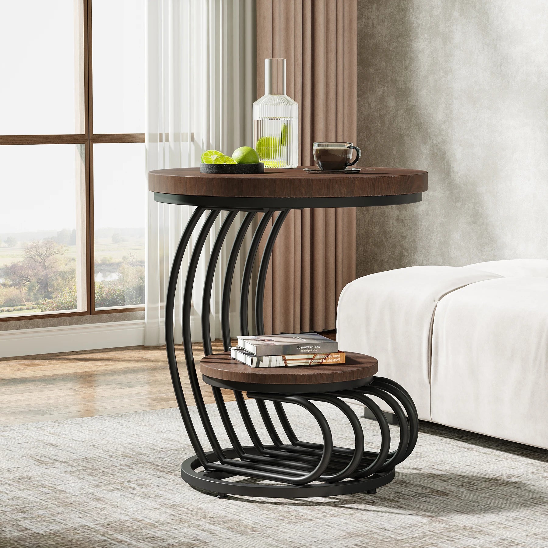End Table-Tribesigns Gold Round Table, 2 Tiers Faux Marble Side Table, Table with Storage Shelf, Modern White Gold Bedside Table