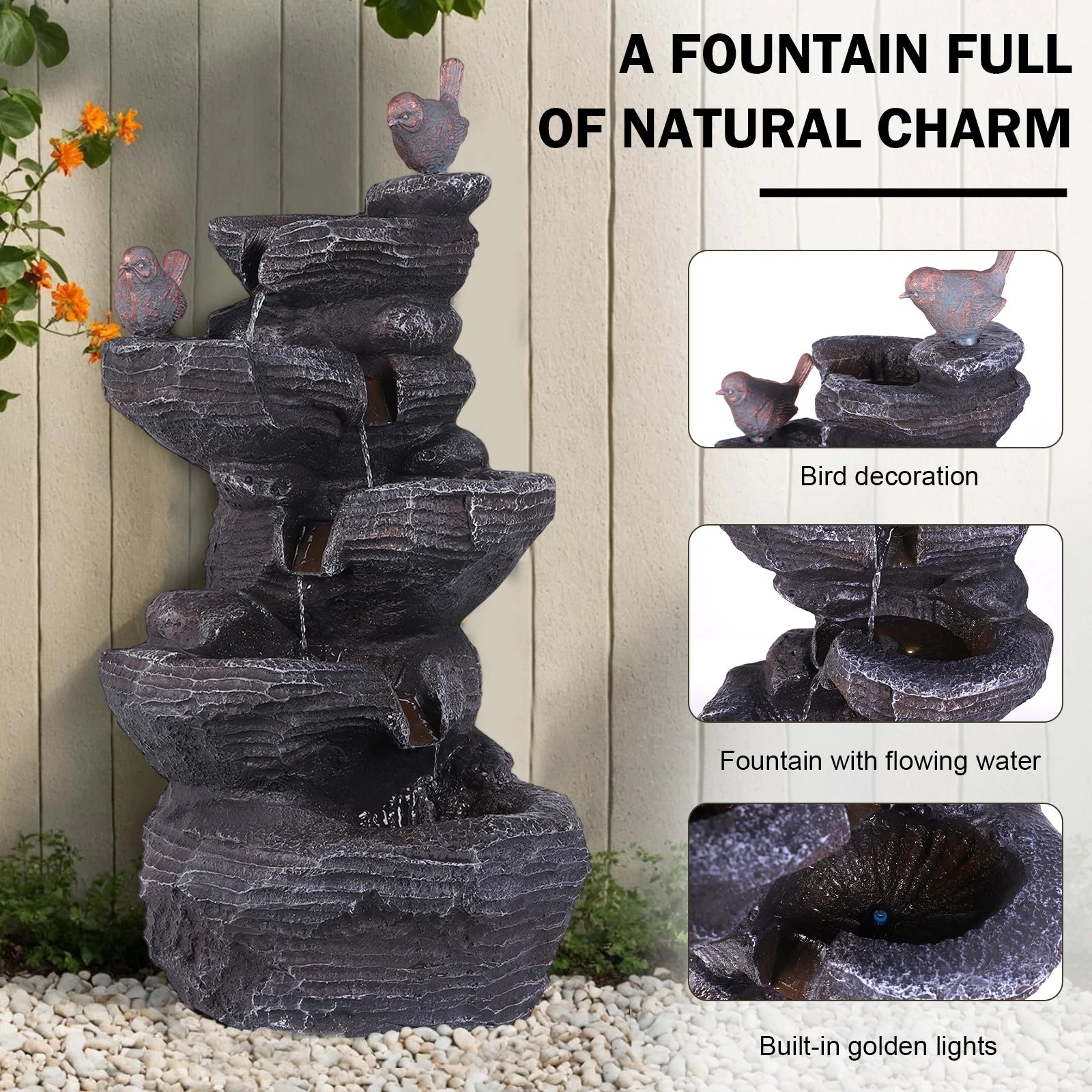 Water Fountain-Cascading Rock Water Fountain with LED Lights, Tabletop Water Fountain, Relax Meditation Decor