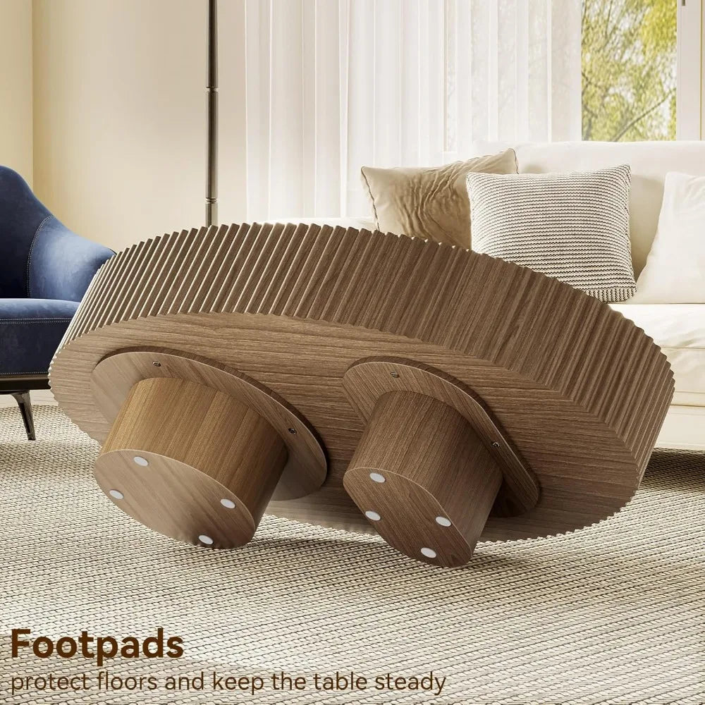 Coffee Table – Oval Fluted - Modern Walnut Finish Olive-Shaped Drum for Living Room
