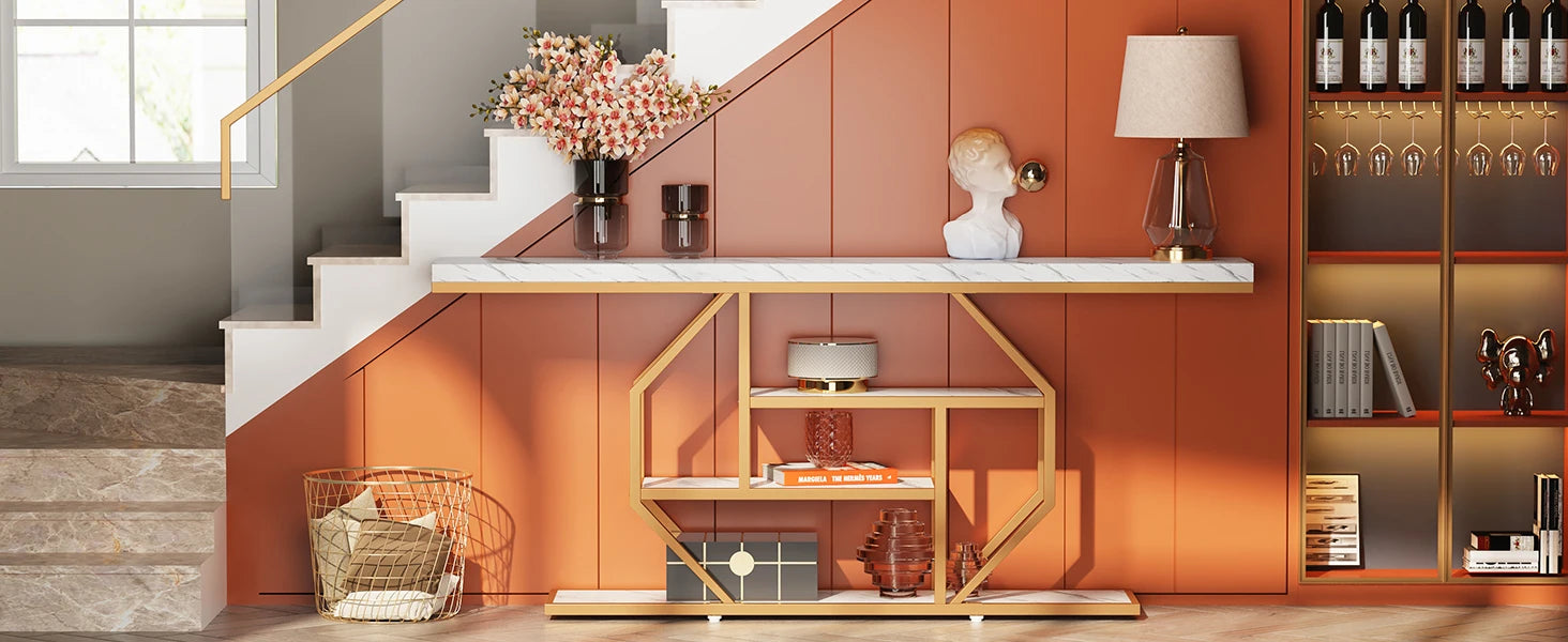 Accent Table-Modern Console Table, Gold, Sofa Table, Behind Couch, 4 Tier Storage, Entryway, Tribesigns