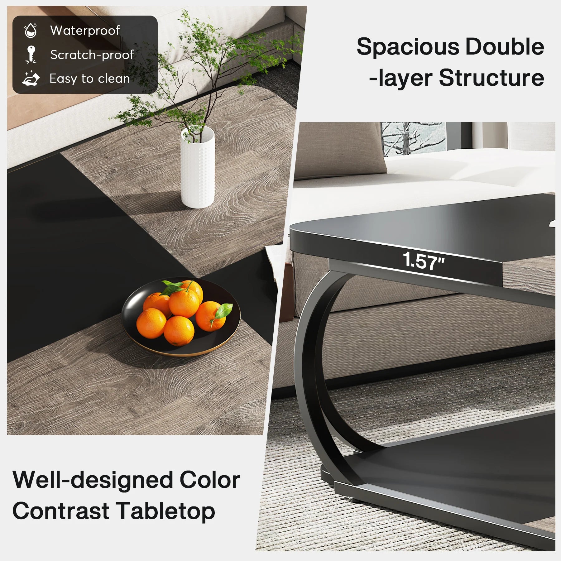 Coffee Table-Tribesigns Square Coffee Table, with 2 Tiers, 40 inches, Low Farmhouse Coffee Table, with Wood Storage Shelf, Heavy Duty Metal Curve
