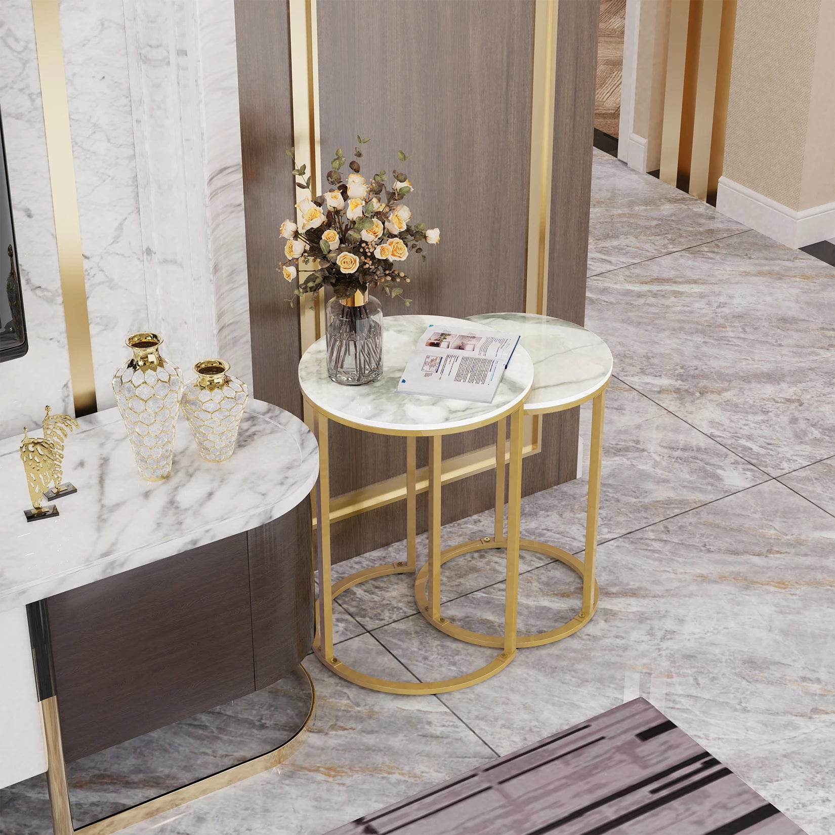 Accent Table Set-Nesting-Sintered Stone Round, Metal Base, Side Accent Table, Living Room, Storage, Small End Table