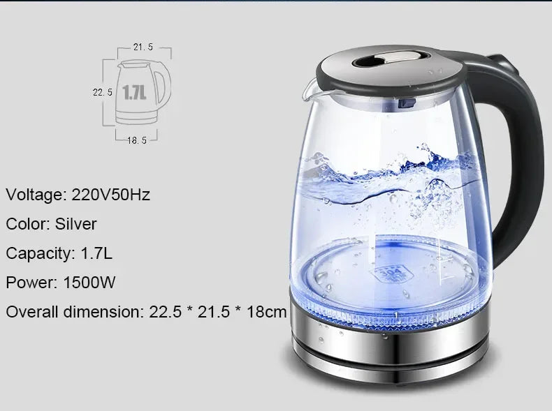 Electric Kettle- 2L Electric Glass Kettle - Borosilicate Cordless Tea Pot with Heating Base, Boiling Water Heater, LED Indicator, Auto Shut-Off