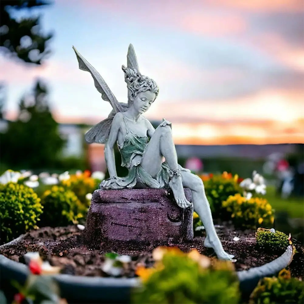 Figurines-Flower Fairy Resin Statue Decoration Outdoor Garden Angel Girl Sitting Figurines Sculpture Landscaping Yard Art Ornament