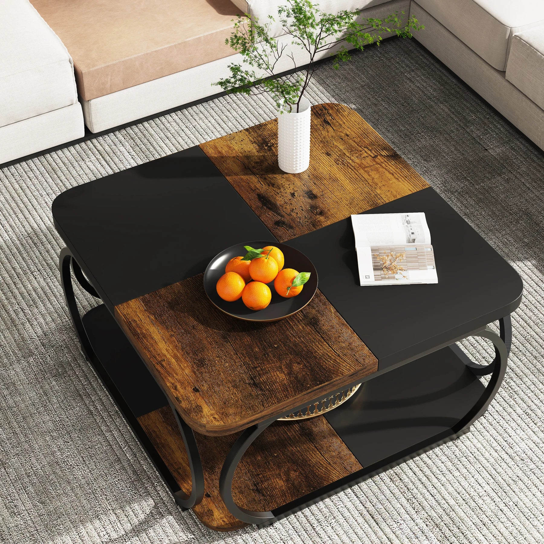 Coffee Table-Tribesigns Square Coffee Table, with 2 Tiers, 40 inches, Low Farmhouse Coffee Table, with Wood Storage Shelf, Heavy Duty Metal Curve