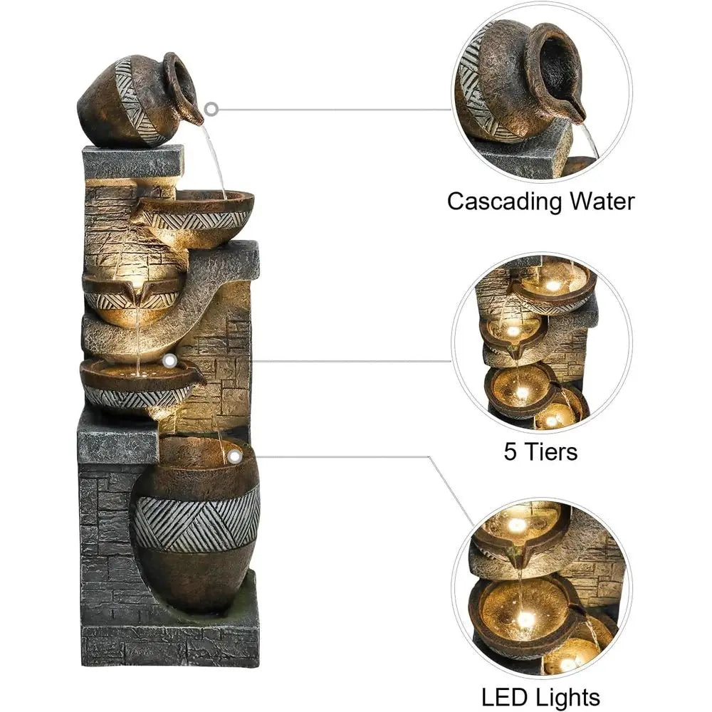 Water Fountain- 5-Tiers Indoor/Outdoor Water Fountain, 42.5 inches, Modern Floor-Standing Cascading Water Feature