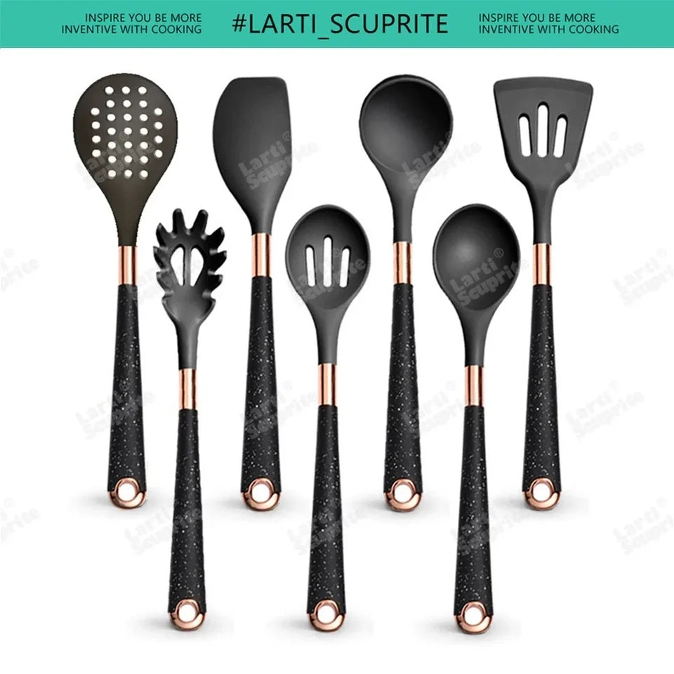 Kitchen- Heat-Resistant Silicone Cooking Set with Gold-Plated Handles – BPA-Free Kitchen Gadgets