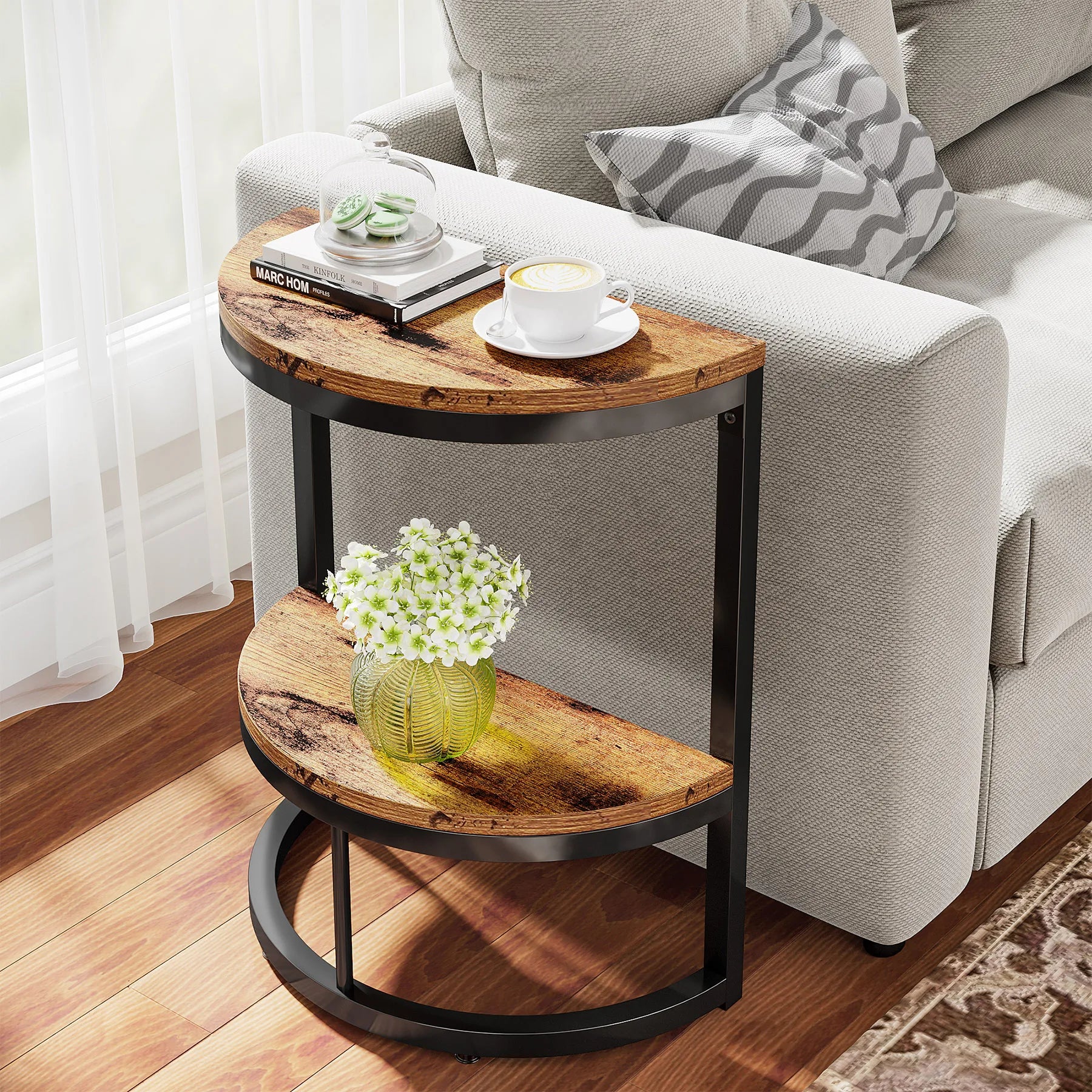 End Table-Semi Circle, Small Half Round, Side Table with Storage Shelf, Accent Table, Slim C Table for Sofa Couch, Tribesigns