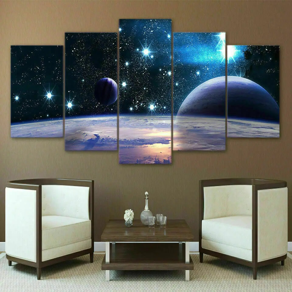 Home Decor: Wall Art: Canvas - Panels 5 - Outer Space Planets and Galaxy - No Frame - Small/Medium/Large/X-Large