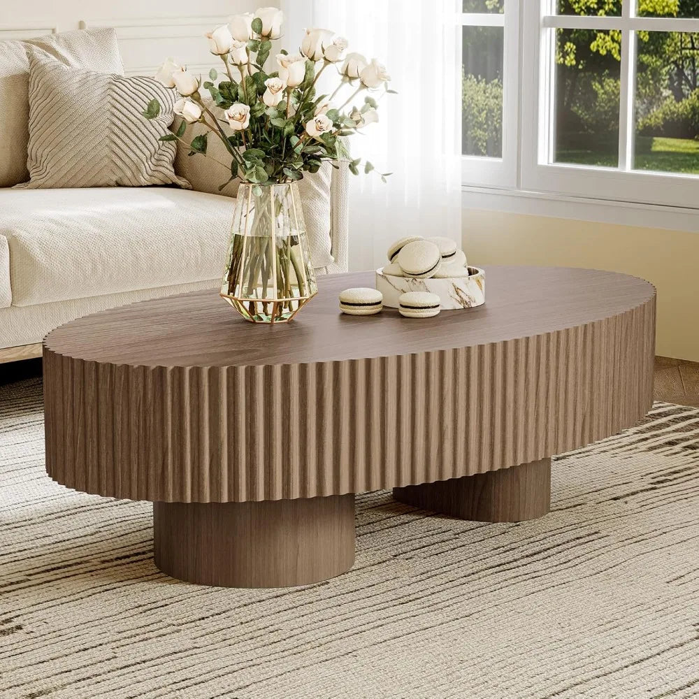 Coffee Table – Oval Fluted - Modern Walnut Finish Olive-Shaped Drum for Living Room