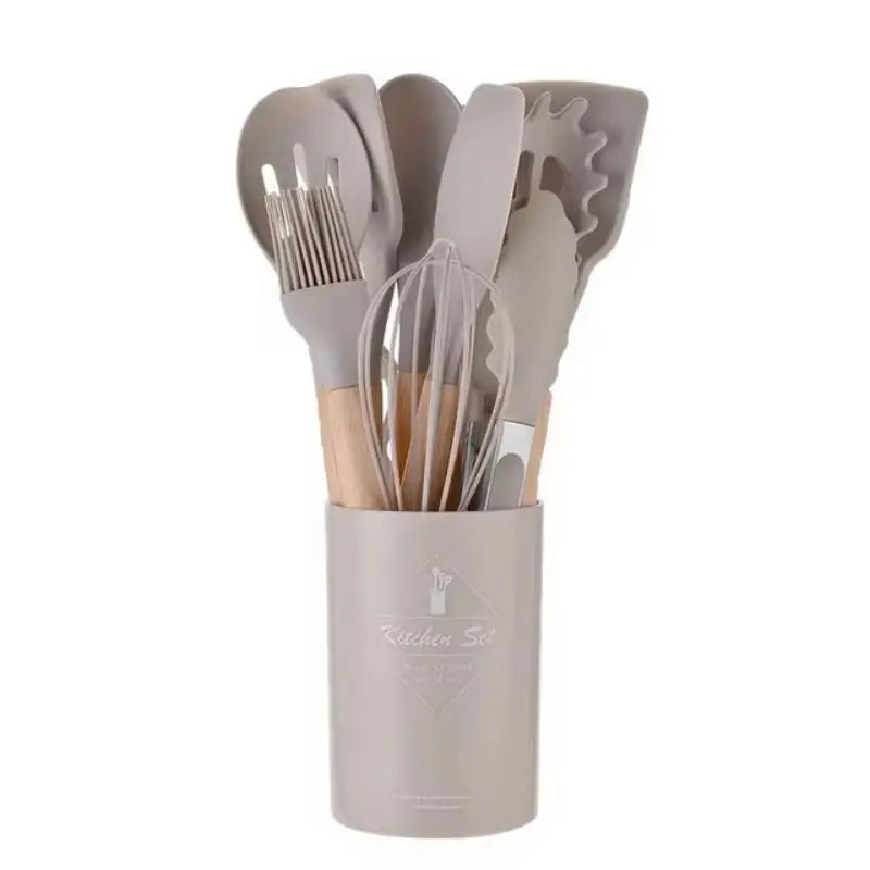 Home Kitchen: Utensil: Silicone with Wooden Handle - 12 Pcs Set - Non-stick Kitchenware