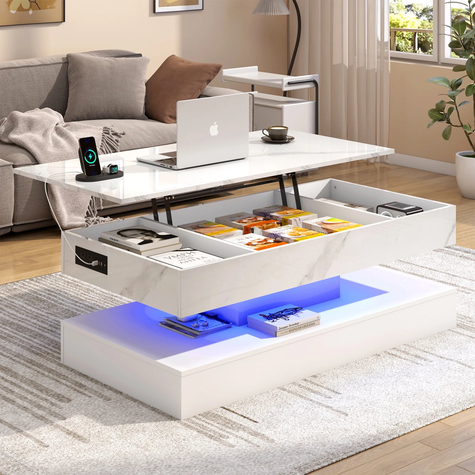 Coffee Table - Modern LED - Grey Marble Nesting (Set of 2) with Round End - Waterproof Surface & Metal Legs