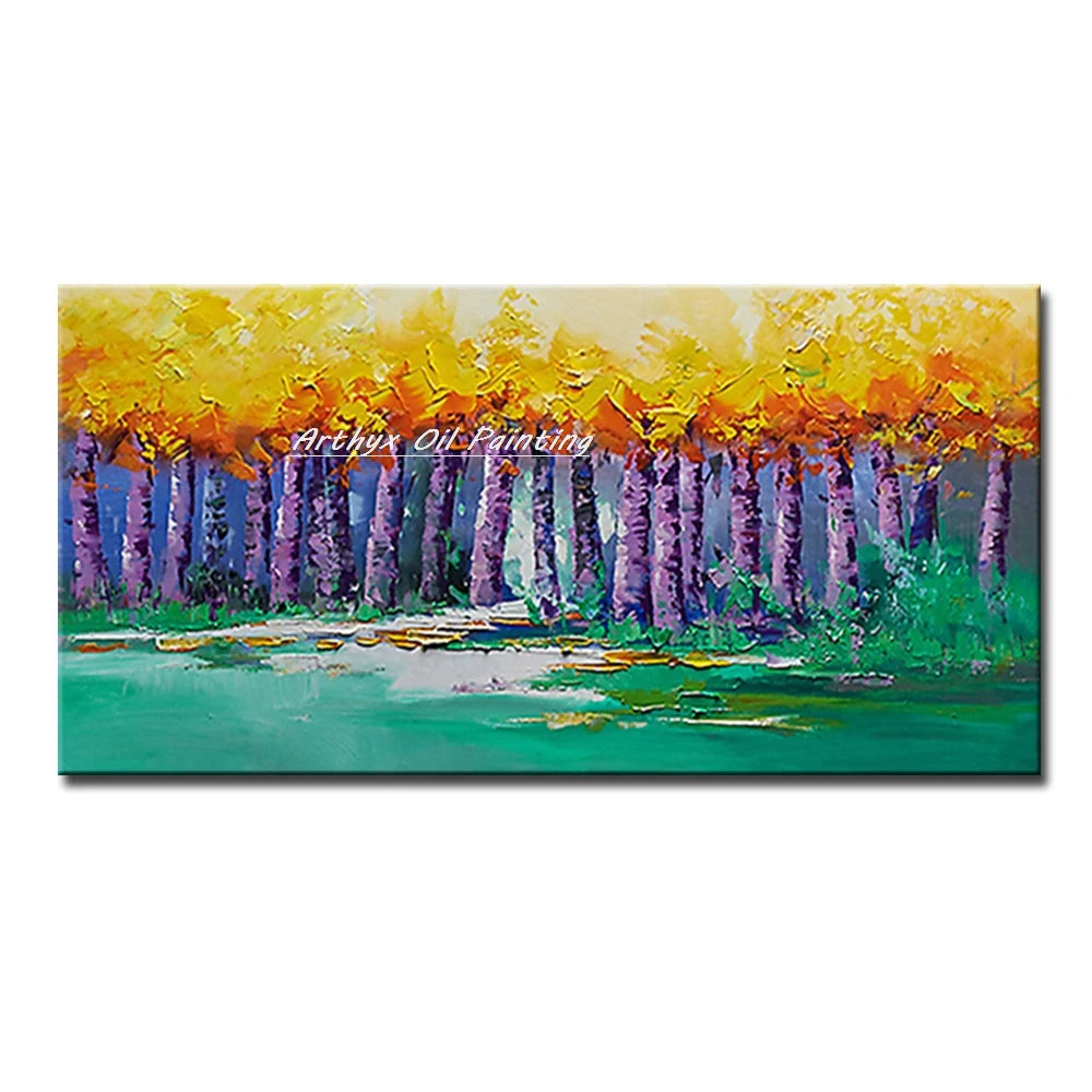 Canvas Art-Hand painted, Palette Knife, Tree, Oil Painting on Canvas, Modern Abstract Landscape Art Poster, Wall Pictures, Home Decor, Arthyx,Large