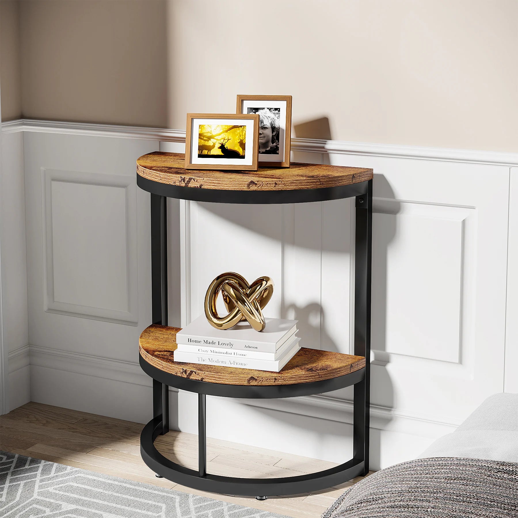End Table-Semi Circle, Small Half Round, Side Table with Storage Shelf, Accent Table, Slim C Table for Sofa Couch, Tribesigns