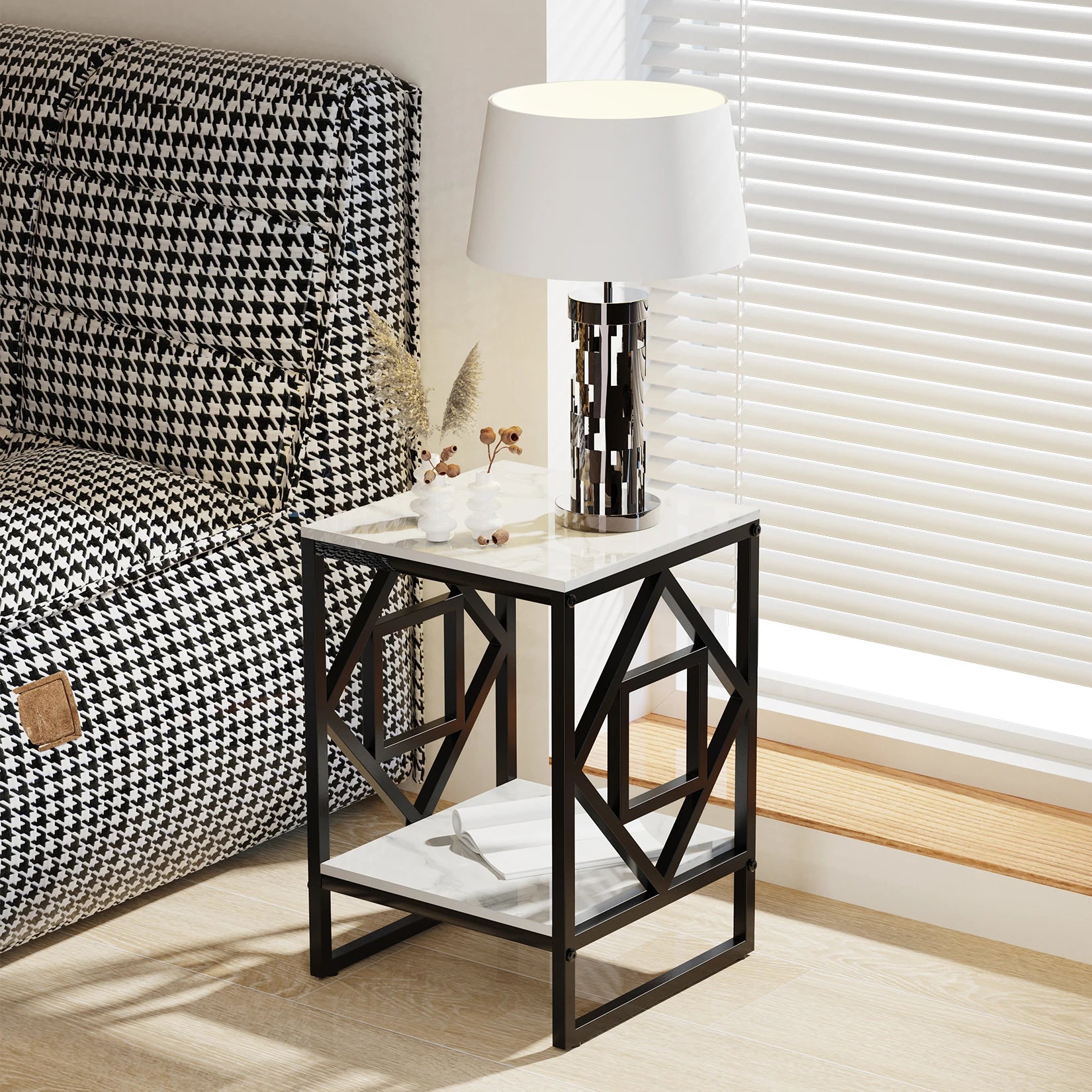 End Table-White Marble Top Side Table, Bedside Nightstand, Black Coated Frame Table