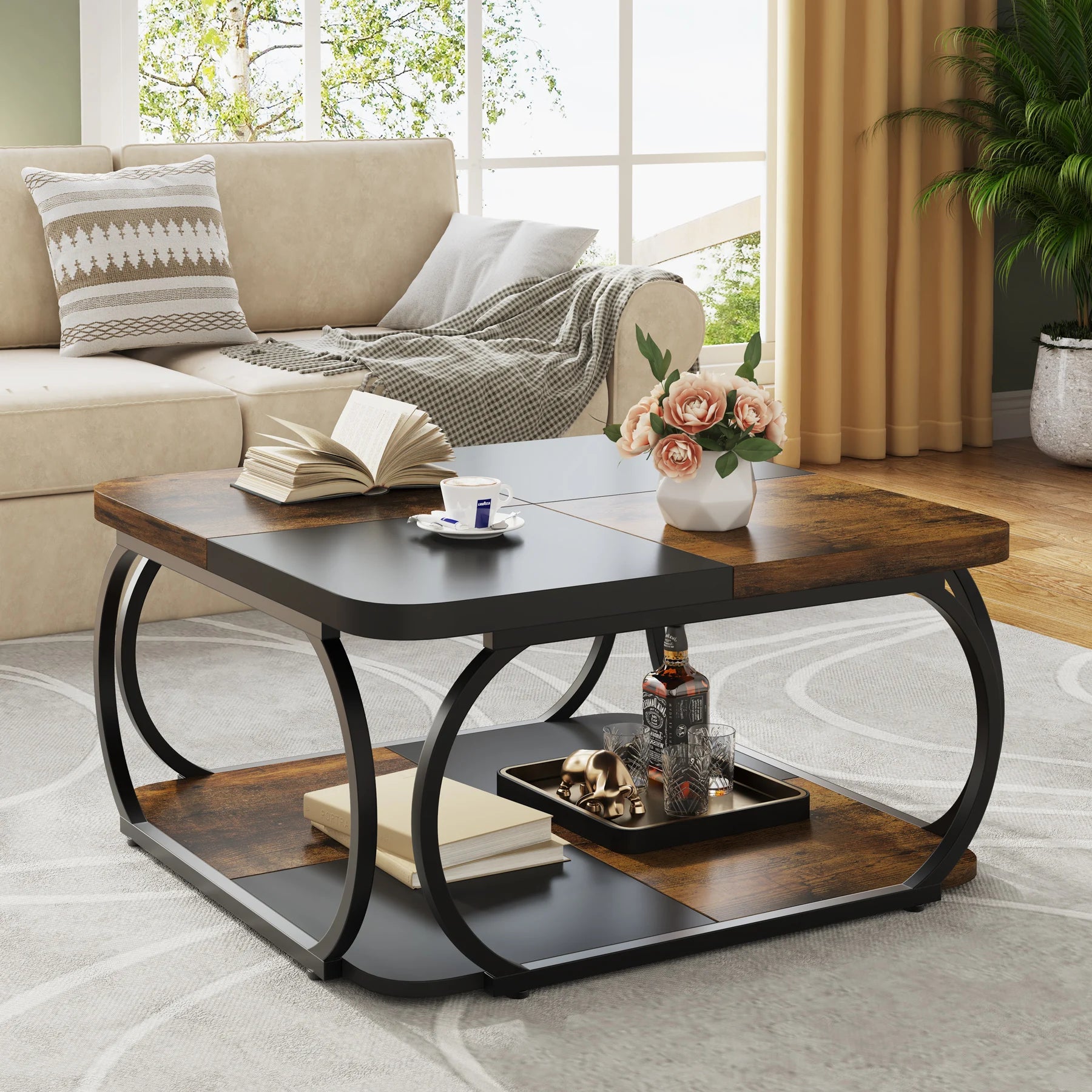 Coffee Table-Tribesigns Square Coffee Table, with 2 Tiers, 40 inches, Low Farmhouse Coffee Table, with Wood Storage Shelf, Heavy Duty Metal Curve