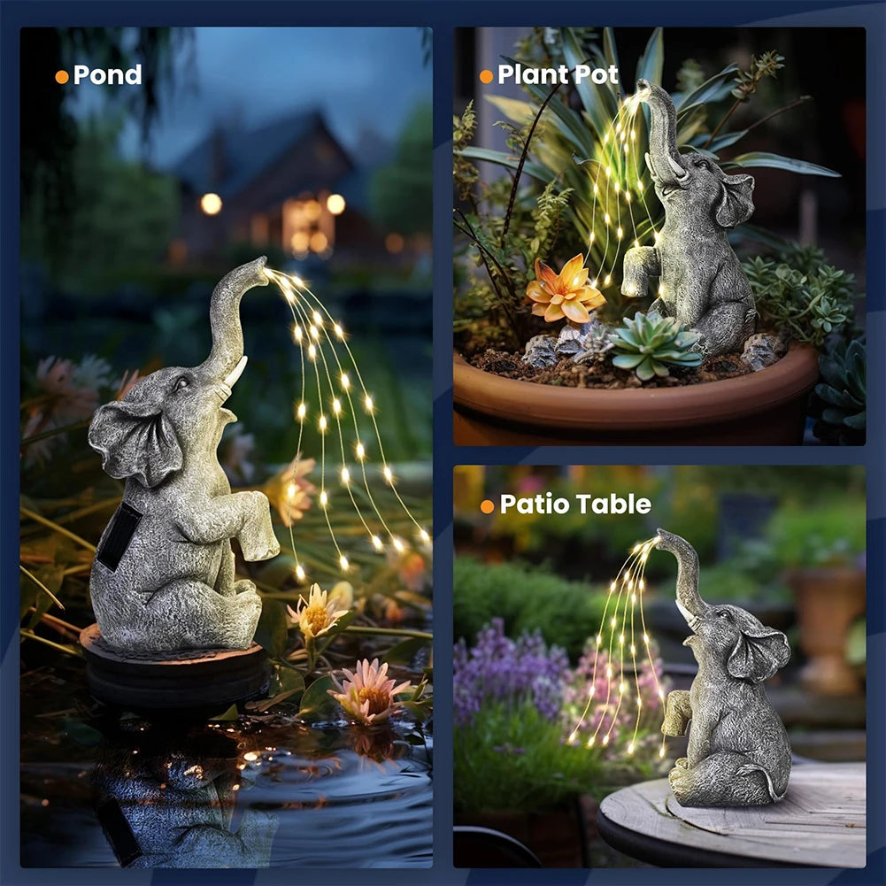 Figurine-Solar Garden Elephant Statue, LED Light Strings, Elephant Figurine, Elephant Sculpture, Yard, Patio and Pathway
