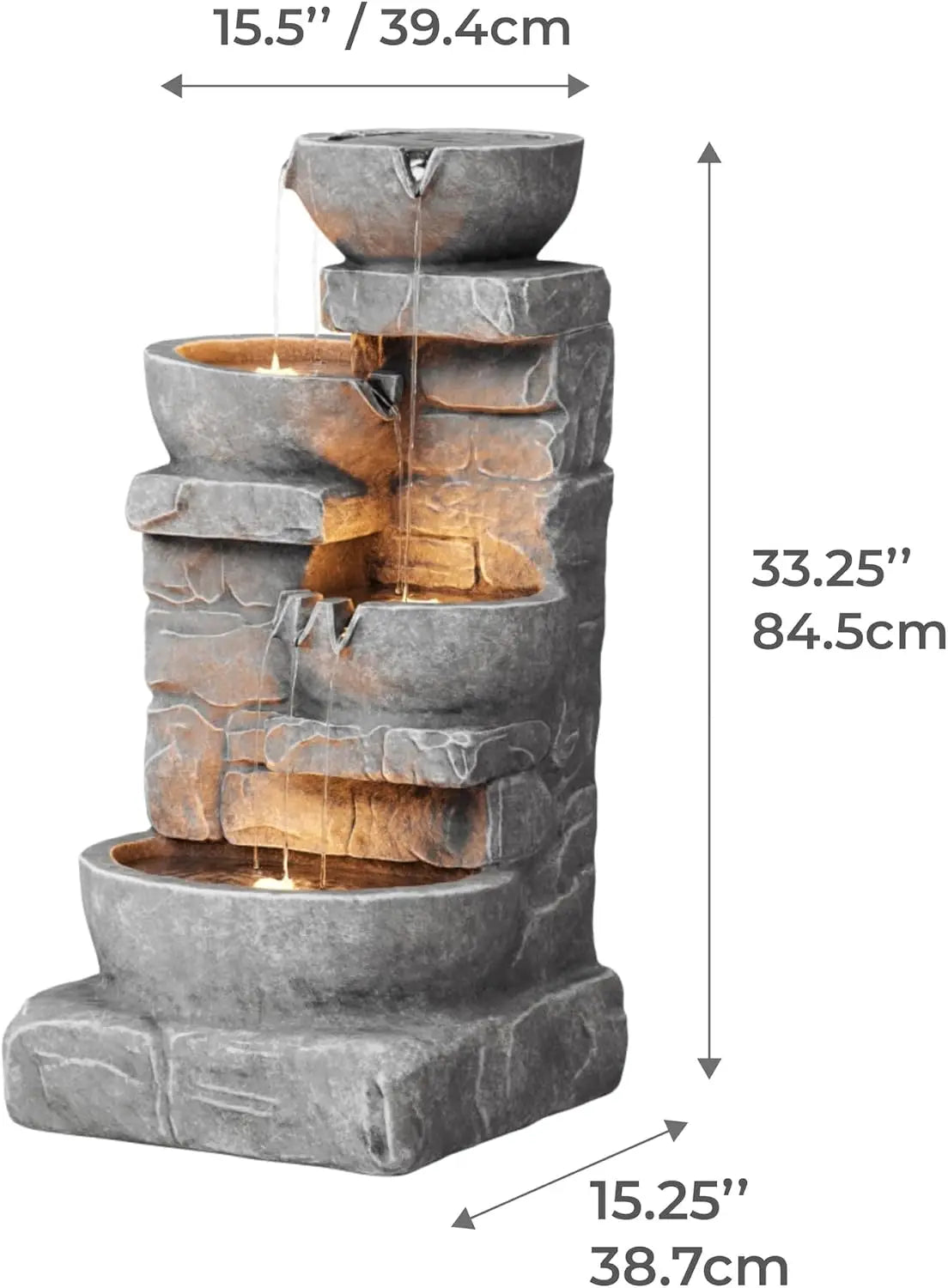 Water Fountain-LED Lights, 33.25 in. Cascading Bowls and Stacked Stones, Gardens, Landscaping, Patios, Balconies, Lawns