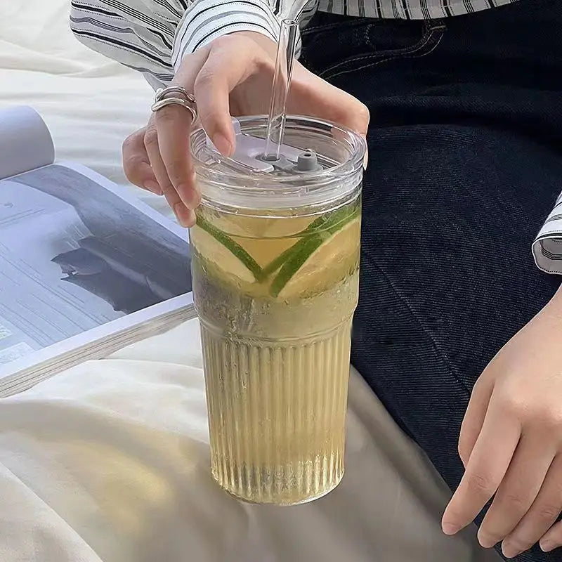 Home Kitchen: Drinkware: 600ml Stripe Glass Cup -  Transparent with Lid and Straw