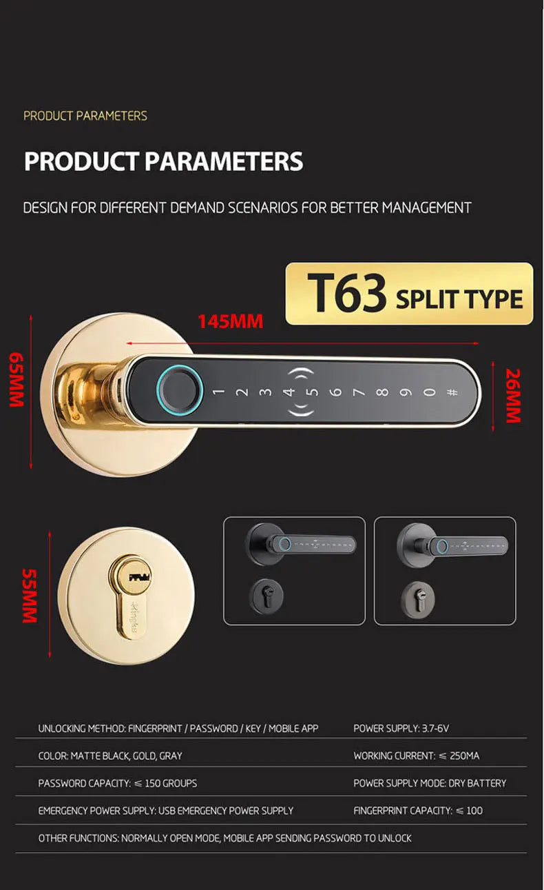 Smart Fingerprint Door Lock Handle – Keyless Entry with Keypad, Key Card & Backup Key for Home or Apartment