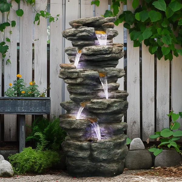 Water Fountain-LED Lights, 40 in High, 6-Tiers Cascading Rock, Large Outdoor Fountain, Waterfalls, Garden, Patio