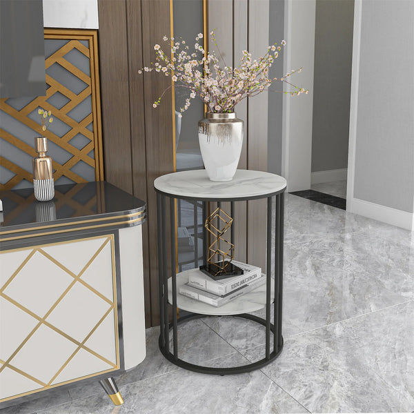 Accent Table- 2 Tier Sintered Stone End Table, Round White Sofa Table, Side Table, Small Coffee Table with Black Frame, Bedside Nightstand