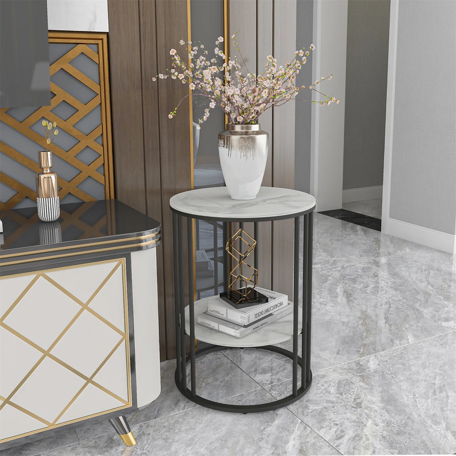 Accent Table- 2 Tier Sintered Stone End Table, Round White Sofa Table, Side Table, Small Coffee Table with Black Frame, Bedside Nightstand