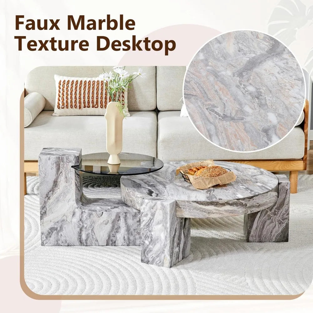 Coffee Table-Round Set of 2, Gray Faux Marble, Glass top End Table, Modern Circular Detachable Nesting