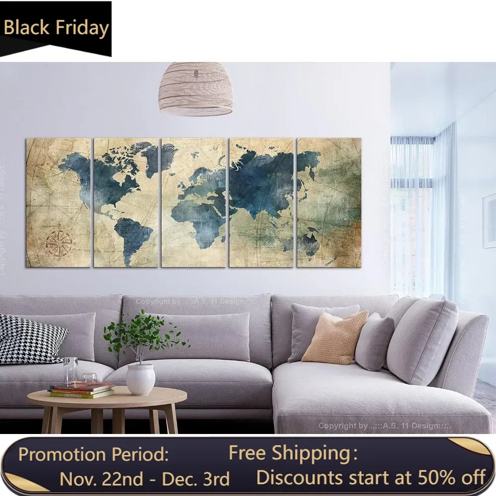 Home Decor: Wall Art: Canvas - Panels 5 - Acoustic - World Map - 90H x 35W inch (228x89cm)