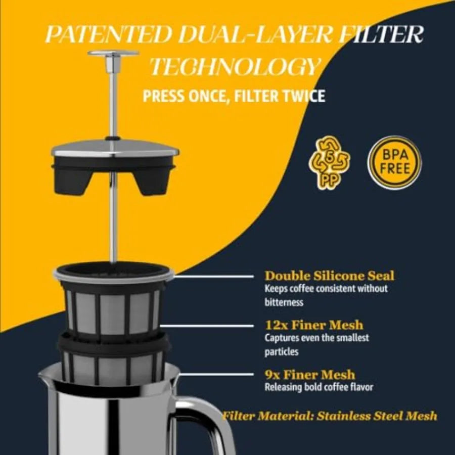 French Press-P7 Polished Stainless Steel, 304 Patented, Double Walled Micro-Filter, Insulated French Press Coffee Maker, Grit-Free