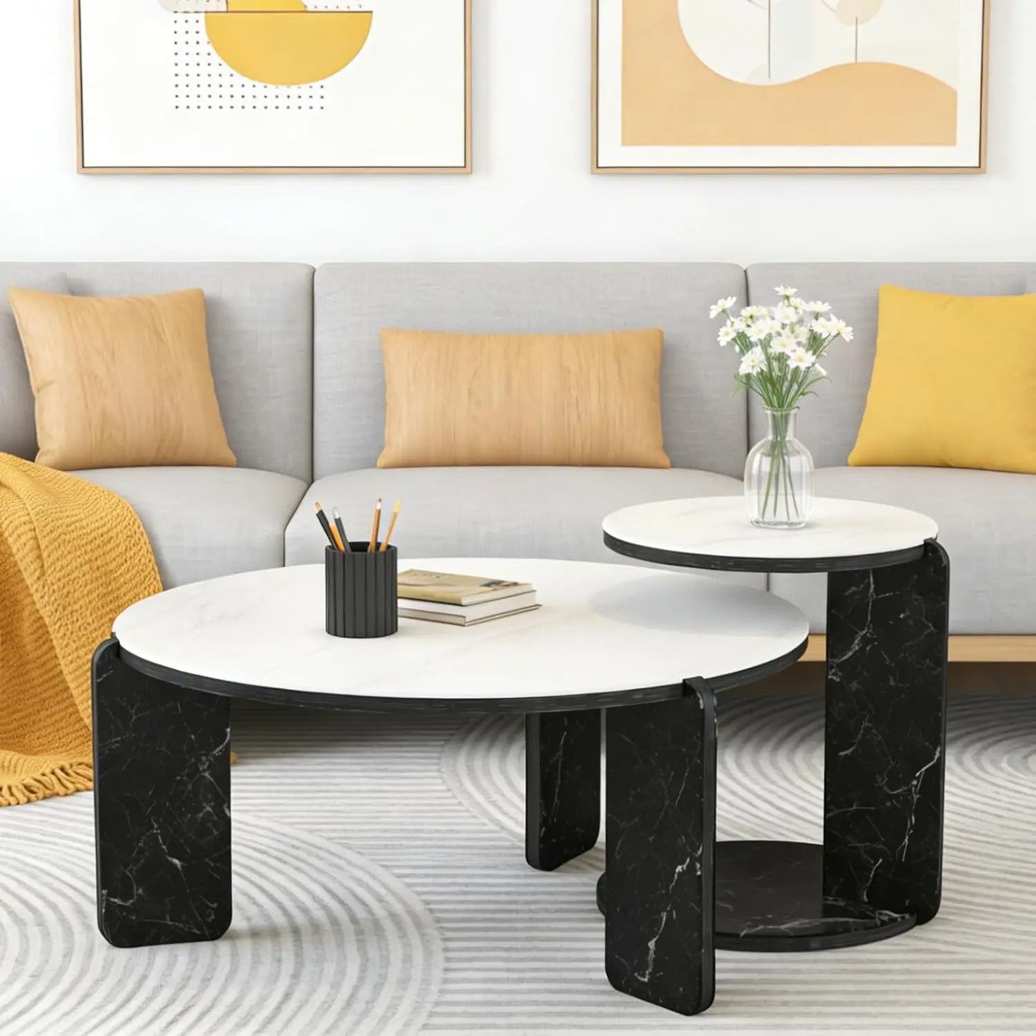 Coffee Table Set-Modern Nesting Oval Coffee Table Set, Faux Marble Top, Gold Metal Base, Living Room, 2pcs, Customized